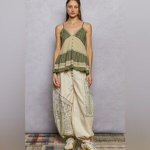 POL Button Front V-Neck Ruffled Cami with Pintuck Accents🆕